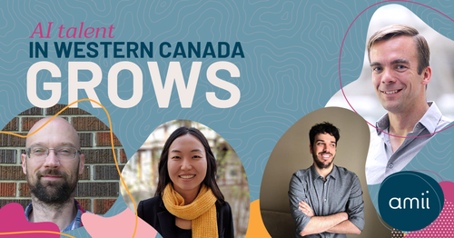 Text: "AI talent in Western Canada Grows", with stylized photos of four AI Chairs