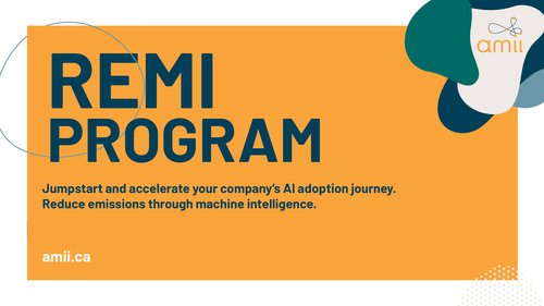 Text: "REMI Program. Jumpstart and accelerate your company&#x27;s AI adoption journey. Reduce emissions through machine intelligence." on yellow background